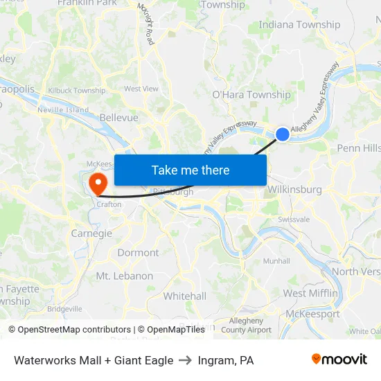 Waterworks Mall + Giant Eagle to Ingram, PA map