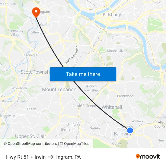 Hwy Rt 51 + Irwin to Ingram, PA map