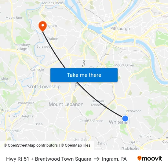 Hwy Rt 51 + Brentwood Town Square to Ingram, PA map