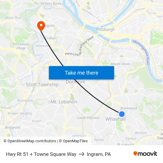 Hwy Rt 51 + Towne Square Way to Ingram, PA map