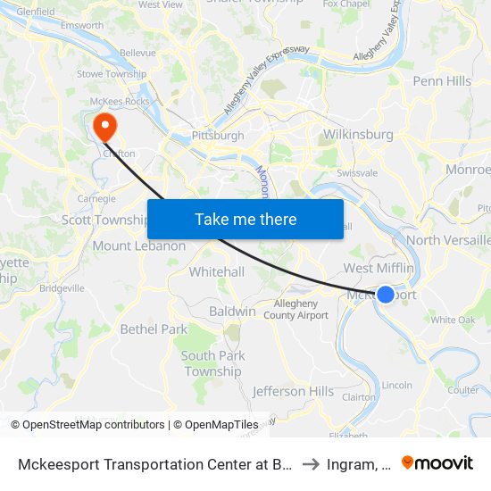 Mckeesport Transportation Center at Bay #2 to Ingram, PA map