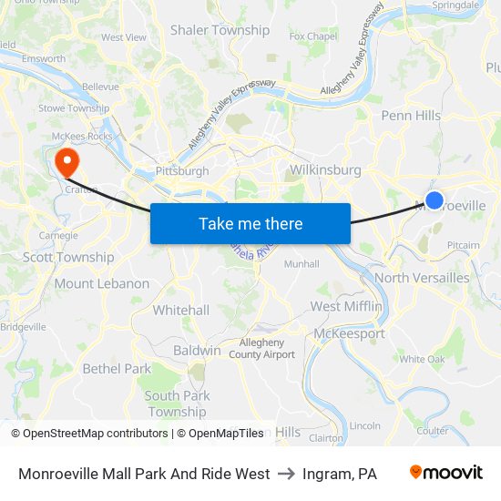 Monroeville Mall Park And Ride West to Ingram, PA map