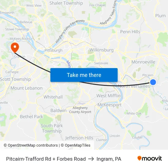 Pitcairn-Trafford Rd + Forbes Road to Ingram, PA map