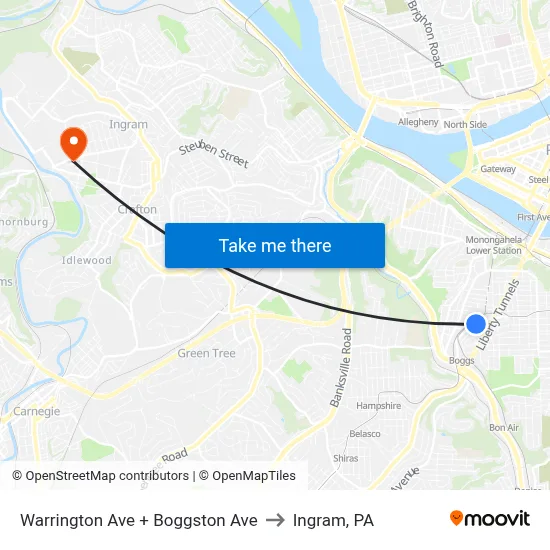 Warrington Ave + Boggston Ave to Ingram, PA map