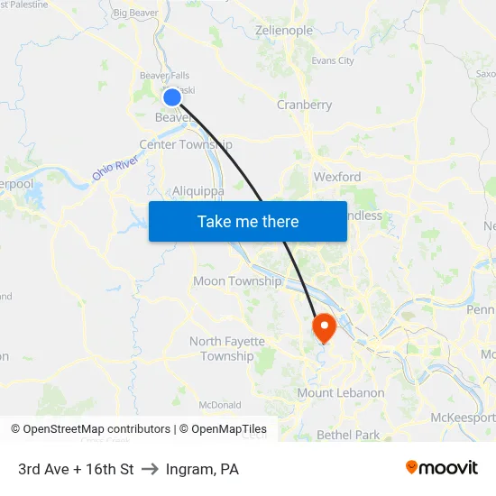 3rd Ave + 16th St to Ingram, PA map