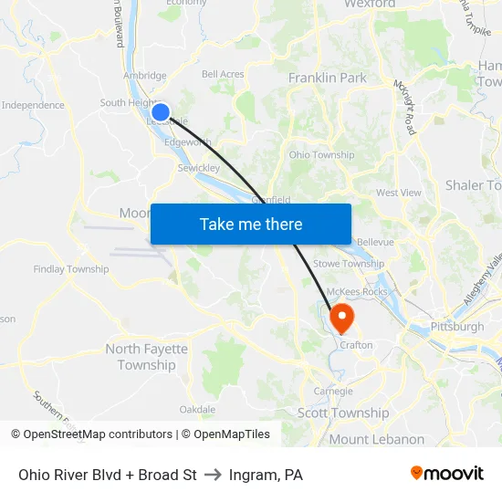 Ohio River Blvd + Broad St to Ingram, PA map