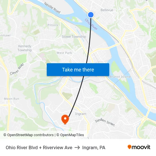Ohio River Blvd + Riverview Ave to Ingram, PA map
