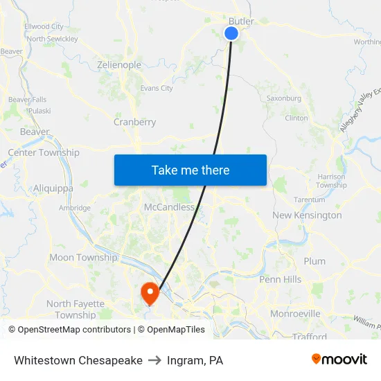 Whitestown Chesapeake to Ingram, PA map
