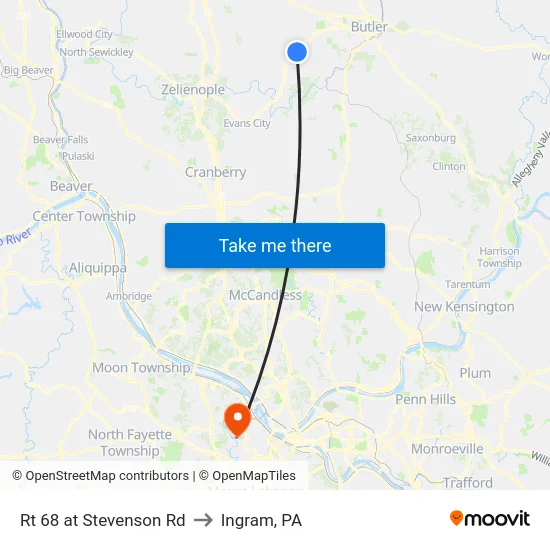 Rt 68 at Stevenson Rd to Ingram, PA map