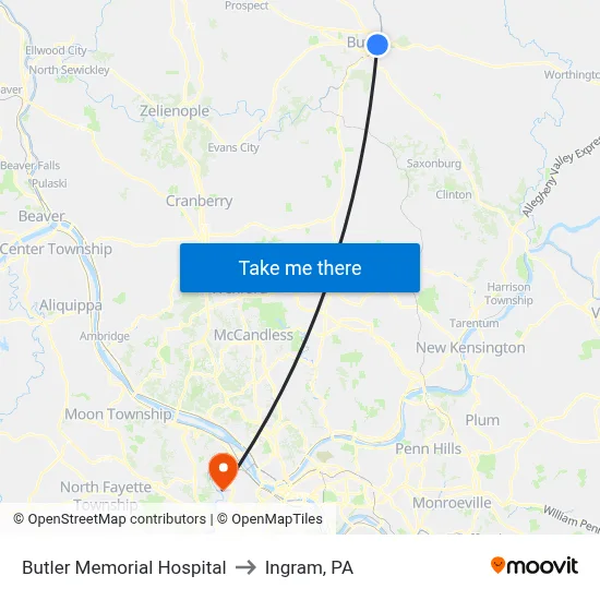 Butler Memorial Hospital to Ingram, PA map