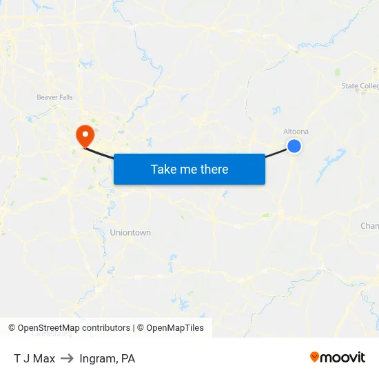 T J Max to Ingram, PA map