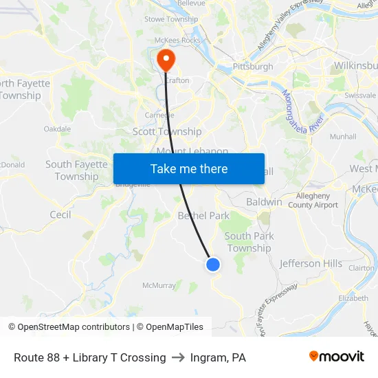 Route 88 + Library T Crossing to Ingram, PA map
