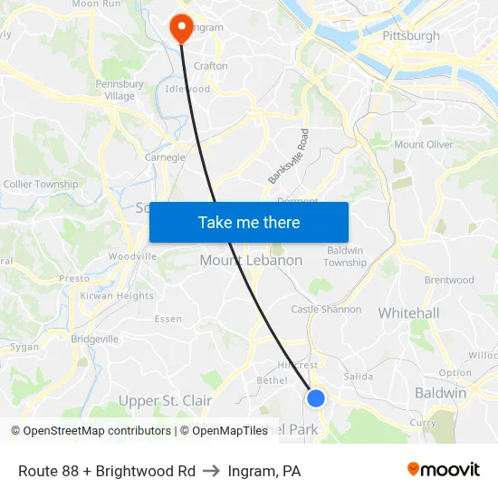 Route 88 + Brightwood Rd to Ingram, PA map