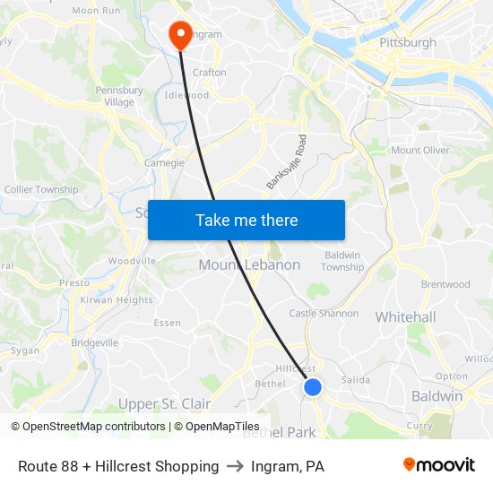 Route 88 + Hillcrest Shopping to Ingram, PA map