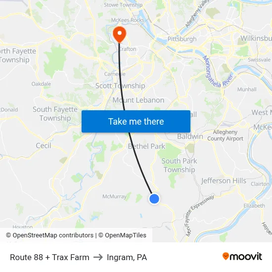 Route 88 + Trax Farm to Ingram, PA map