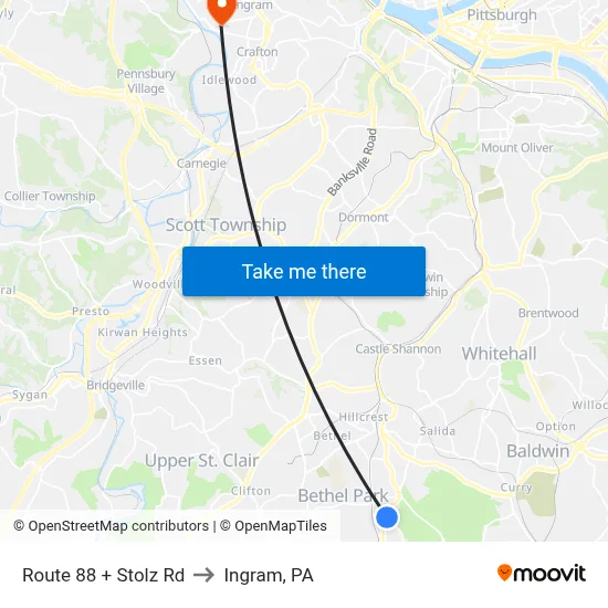 Route 88 + Stolz Rd to Ingram, PA map
