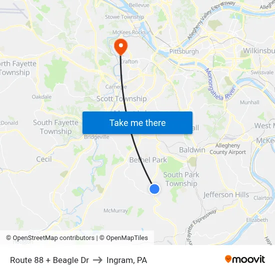 Route 88 + Beagle  Dr to Ingram, PA map