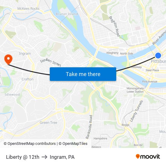 Liberty @ 12th to Ingram, PA map