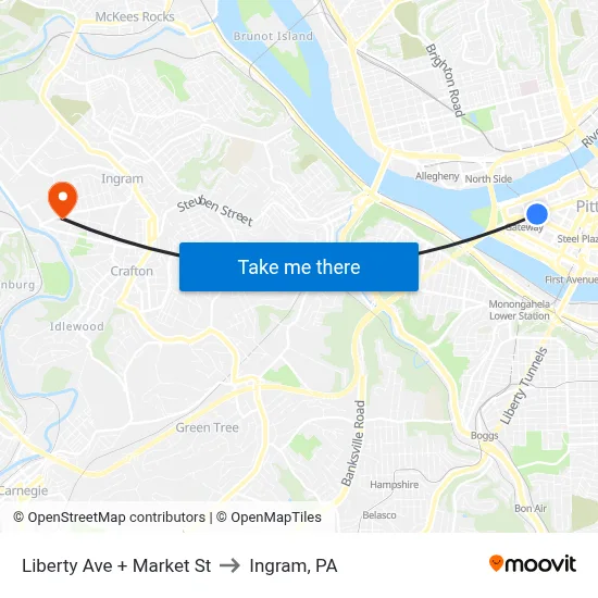 Liberty Ave + Market St to Ingram, PA map