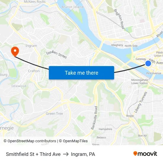 Smithfield St + Third Ave to Ingram, PA map