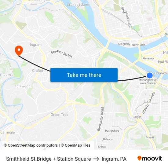Smithfield St Bridge + Station Square to Ingram, PA map