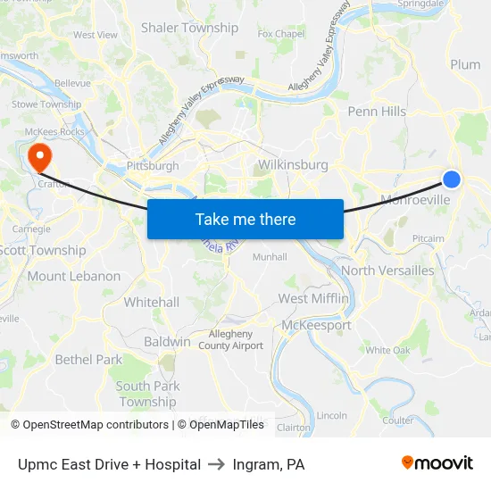 Upmc East Drive + Hospital to Ingram, PA map