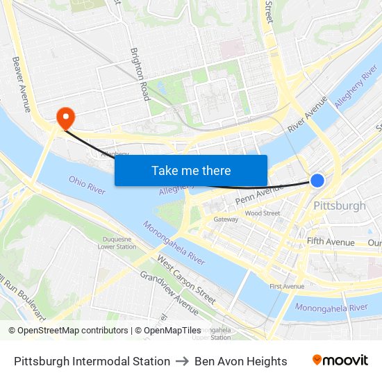 Pittsburgh Intermodal Station to Ben Avon Heights map