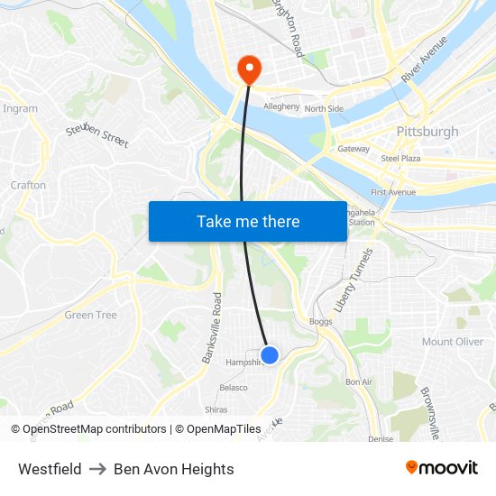 Westfield to Ben Avon Heights map