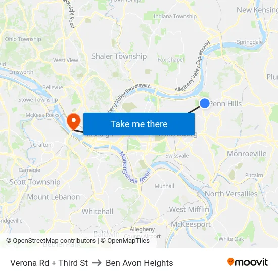 Verona Rd + Third St to Ben Avon Heights map