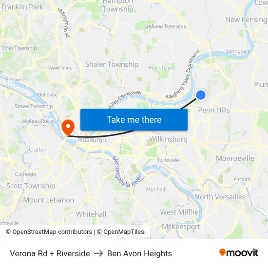 Verona Rd + Riverside to Ben Avon Heights map