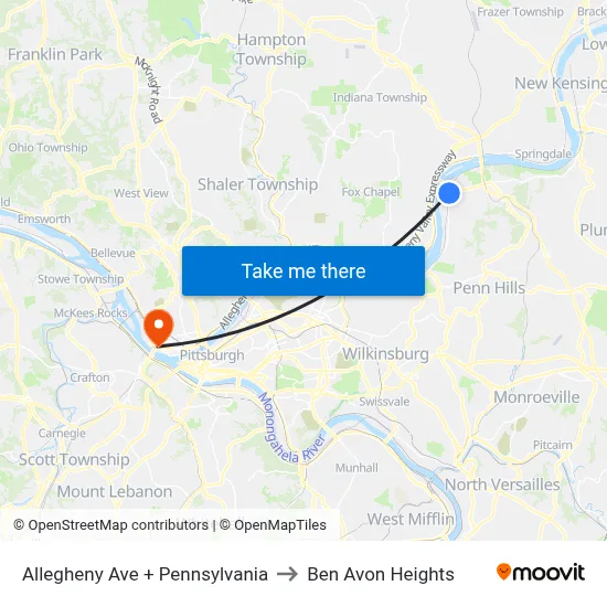 Allegheny Ave + Pennsylvania to Ben Avon Heights map