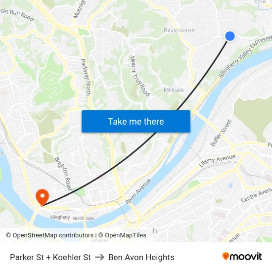 Parker St + Koehler St to Ben Avon Heights map
