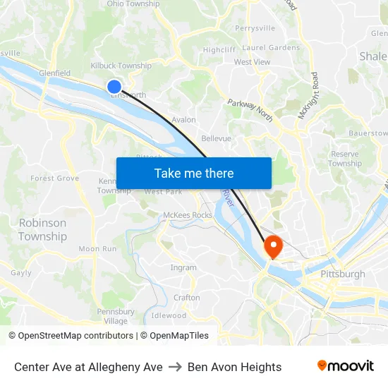 Center Ave at Allegheny Ave to Ben Avon Heights map