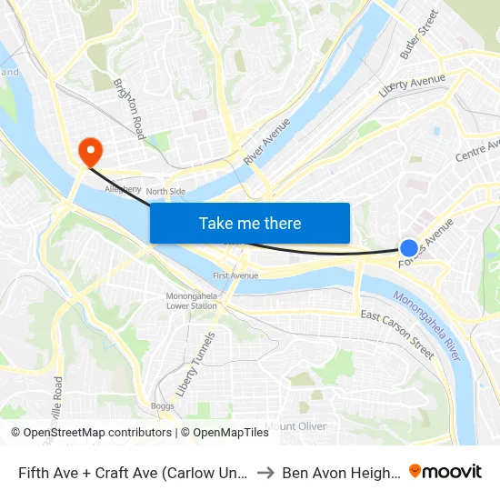 Fifth Ave + Craft Ave (Carlow Univ) to Ben Avon Heights map