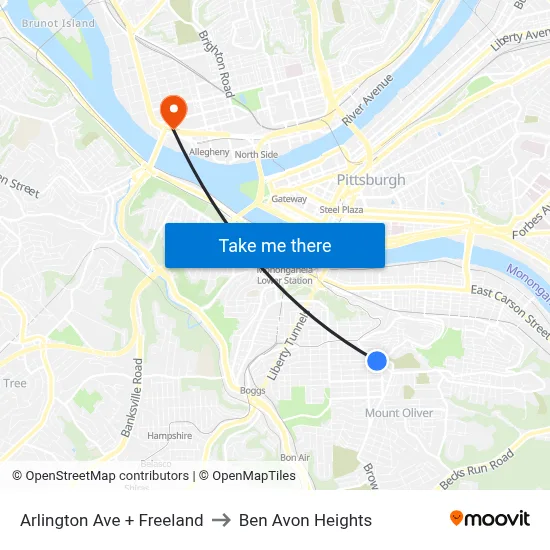 Arlington Ave + Freeland to Ben Avon Heights map