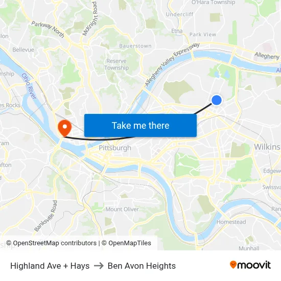 Highland Ave + Hays to Ben Avon Heights map