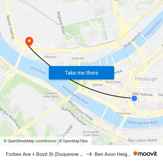 Forbes Ave + Boyd St (Duquesne Univ) to Ben Avon Heights map