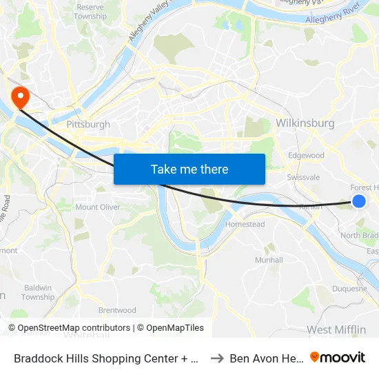 Braddock Hills Shopping Center + Giant Eagle to Ben Avon Heights map