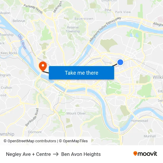 Negley Ave + Centre to Ben Avon Heights map