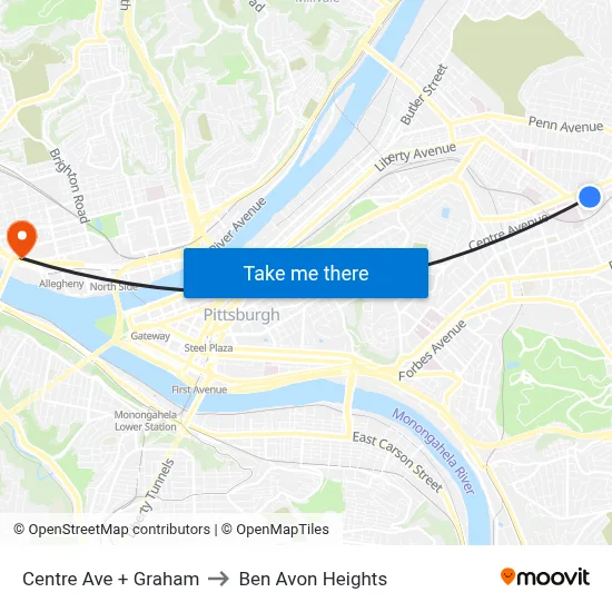 Centre Ave + Graham to Ben Avon Heights map