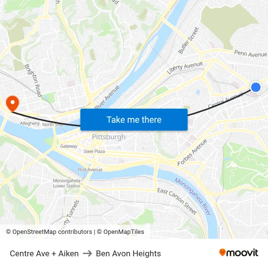 Centre Ave + Aiken to Ben Avon Heights map