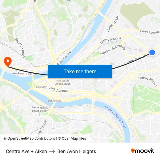 Centre Ave + Aiken to Ben Avon Heights map