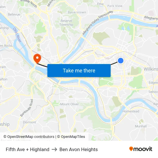 Fifth Ave + Highland to Ben Avon Heights map