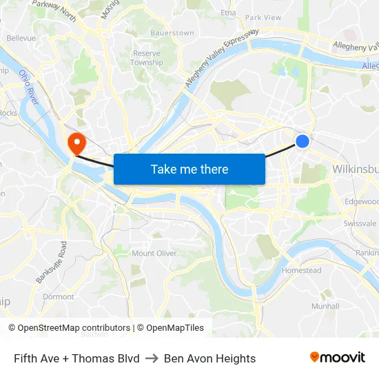 Fifth Ave + Thomas Blvd to Ben Avon Heights map