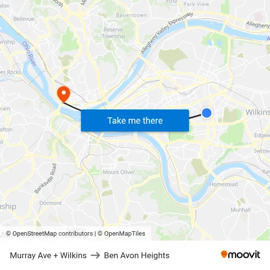 Murray Ave + Wilkins to Ben Avon Heights map