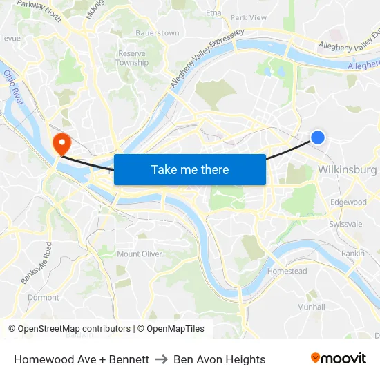 Homewood Ave + Bennett to Ben Avon Heights map