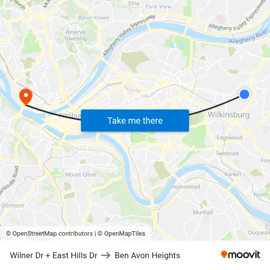 Wilner Dr + East Hills Dr to Ben Avon Heights map