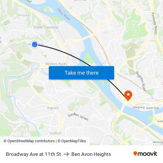 Broadway Ave at 11th St to Ben Avon Heights map