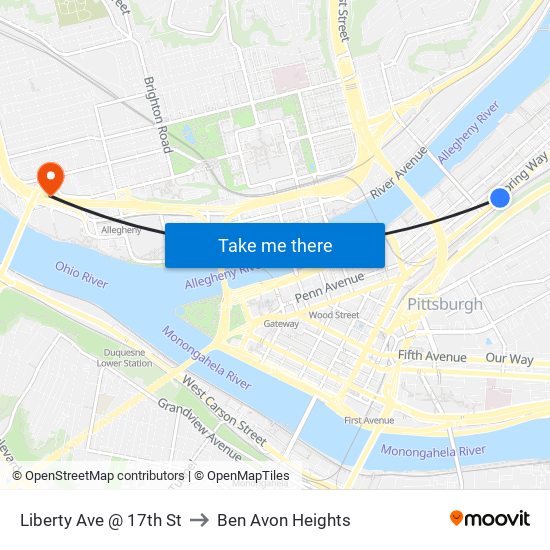 Liberty Ave @ 17th St to Ben Avon Heights map