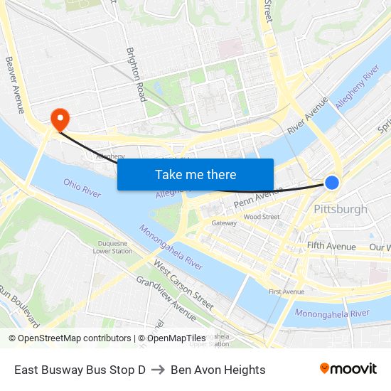 East Busway Bus Stop D to Ben Avon Heights map